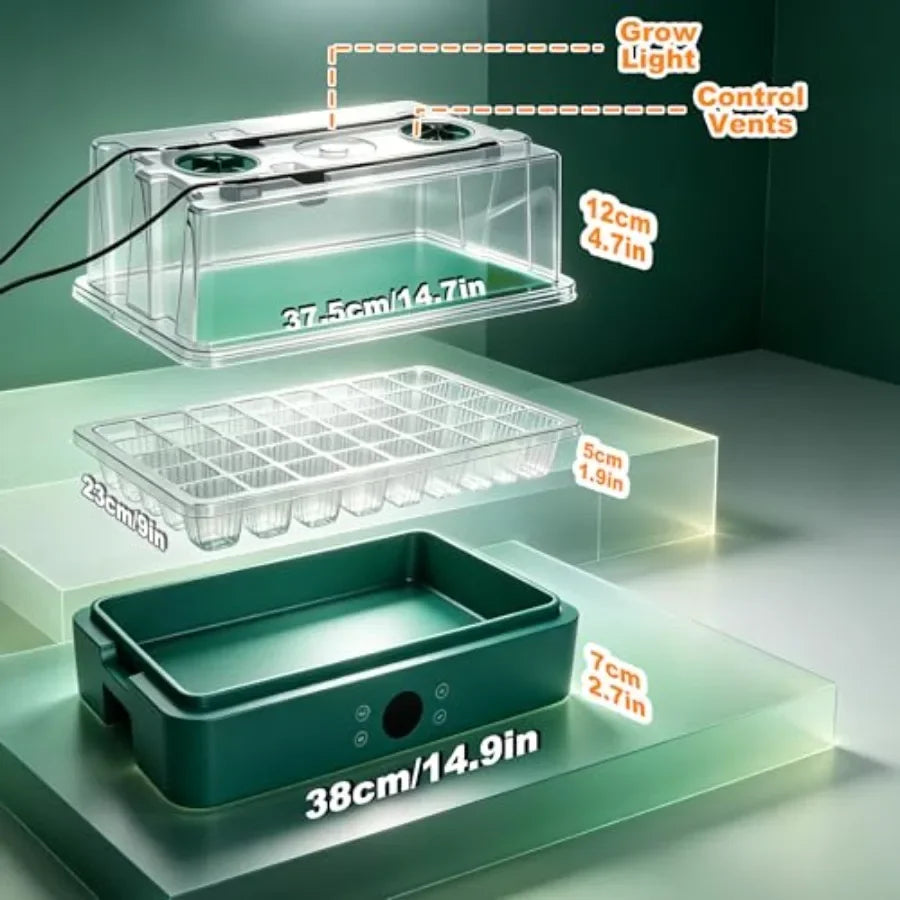 Sistema de germinación interior para hierbas y verduras: kit de inicio de semillas con calefacción de 40 celdas con luz de cultivo, bandeja de plástico negro, integrado