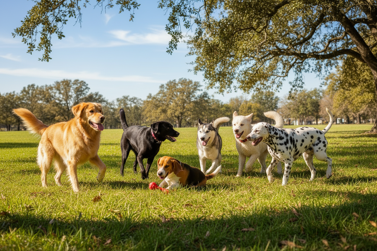 Perros de distintas razas jugando alegres