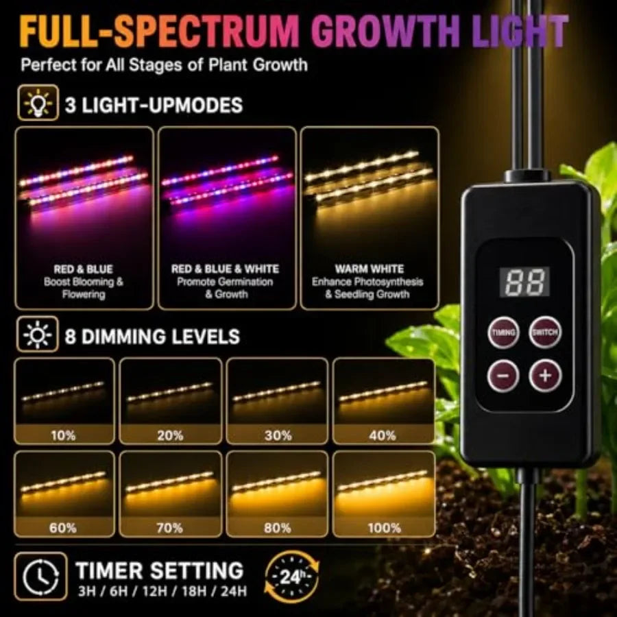 Sistema de germinación interior para hierbas y verduras: kit de inicio de semillas con calefacción de 40 celdas con luz de cultivo, bandeja de plástico negro, integrado