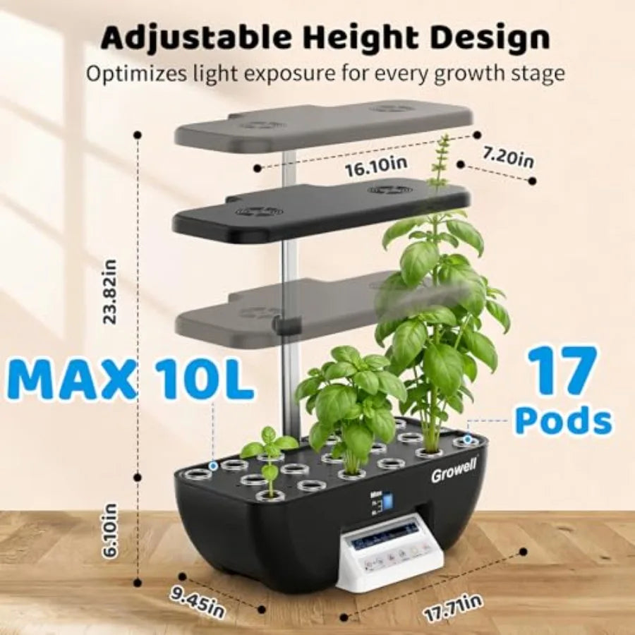 Kit de sistema de cultivo hidropónico para jardinería de hierbas en interiores, plástico ABS, negro/blanco, sistema inteligente de 17 cápsulas con ventiladores duales, sistema completo.