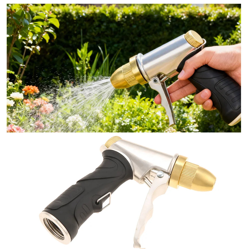 Boquilla metálica para manguera de jardín con mango antideslizante, rosca estándar universal de 3/4", ideal para regar jardines y limpiar coches.