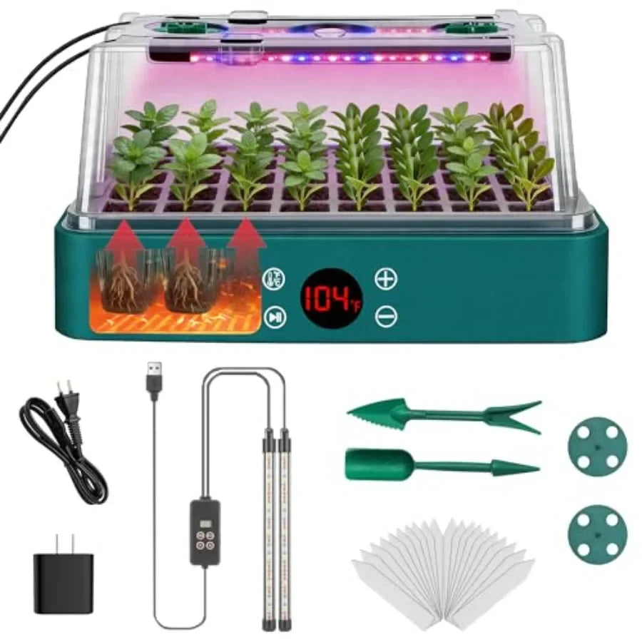 Sistema de germinación interior para hierbas y verduras: kit de inicio de semillas con calefacción de 40 celdas con luz de cultivo, bandeja de plástico negro, integrado